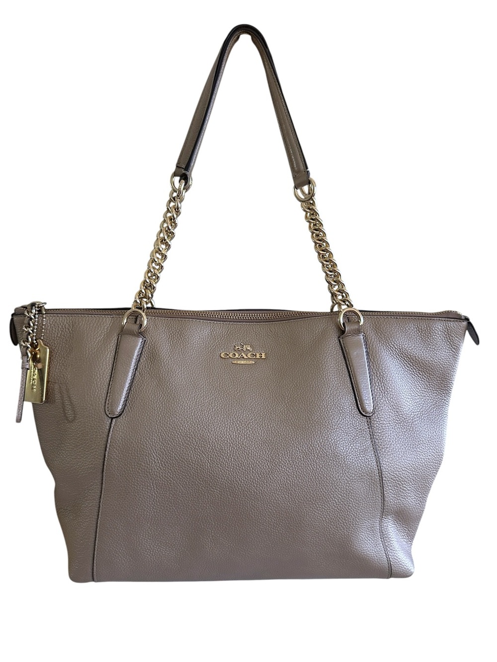 Coach Ava Champagne Gold Pebble Leather Chain Tote Zip Top Shoulder‎ Bag Large
